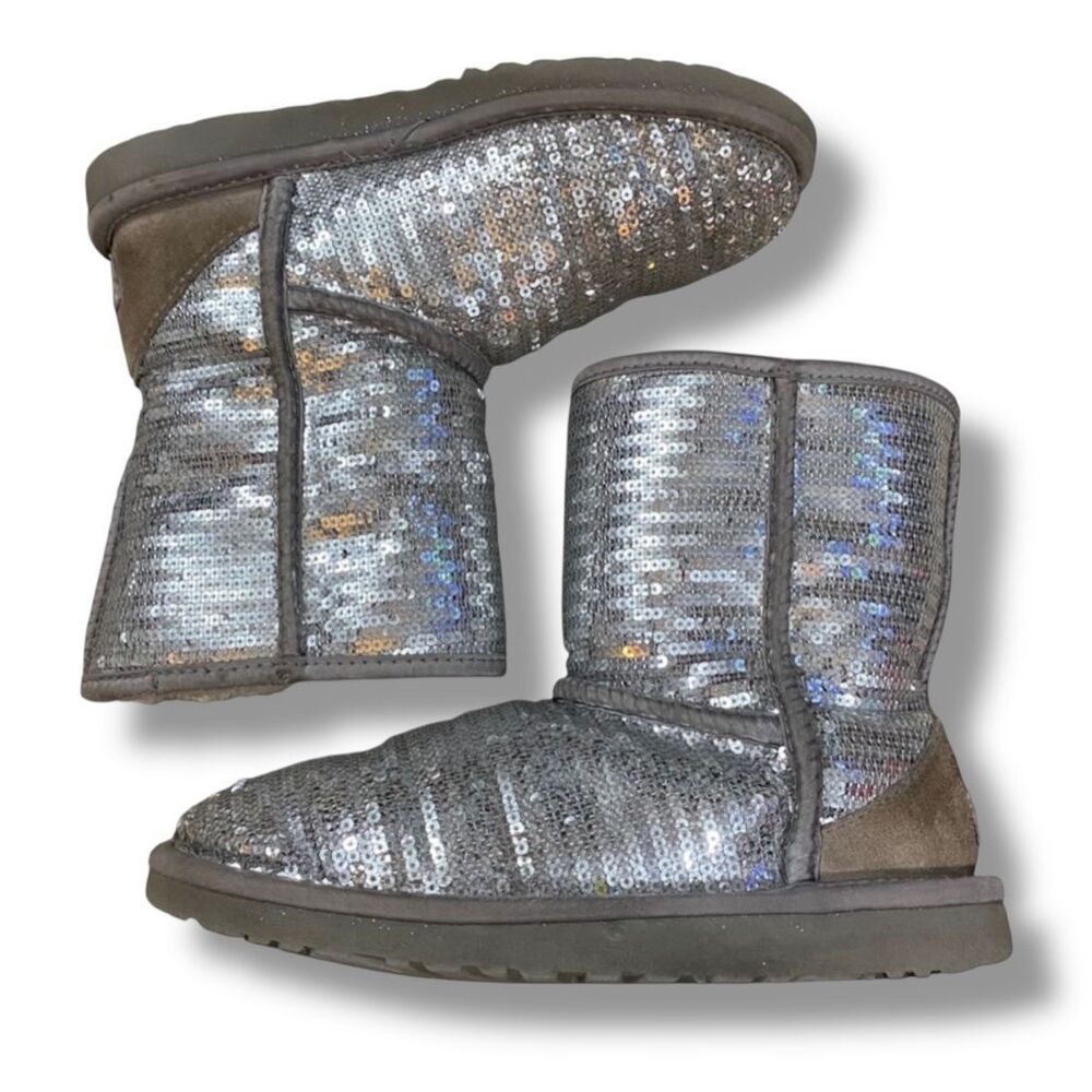 UGG Classic Short Silver Sequin Sparkle Boots - Picture 3 of 12